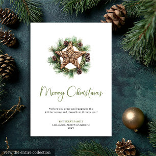 Tarjeta de Navidad de Corona de Pino Acuarela Boho