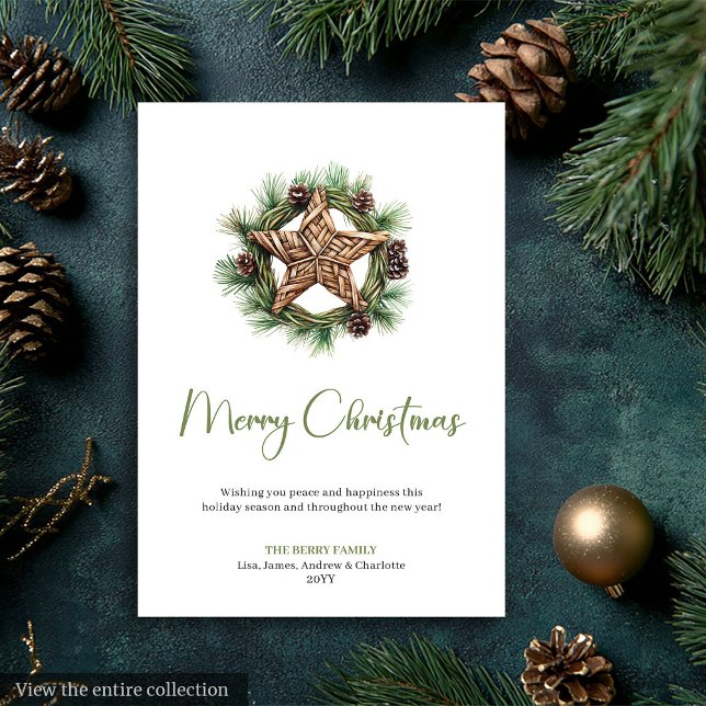 Tarjeta de Navidad de Corona de Pino Acuarela Boho (Elegant Boho Watercolor Pine Wreath Christmas Card)