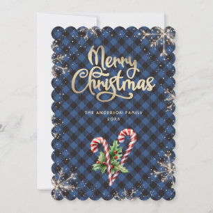 Tarjeta de Navidad de cuadros azules con caramelo