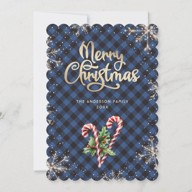 Tarjeta de Navidad de cuadros azules con caramelo  (Anverso)