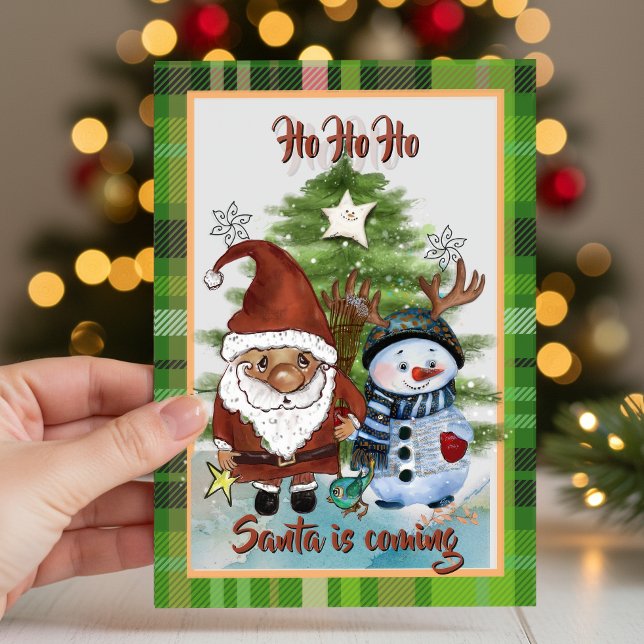 Tarjeta de Navidad de cuadros escoceses con Santa, (Whimsical Santa, Deer & Elf Plaid Christmas Card)