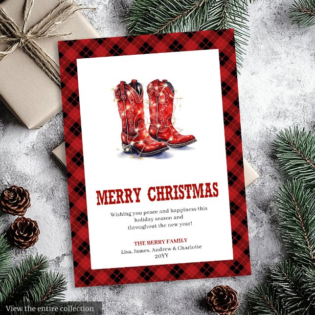 Tarjeta de Navidad de cuadros occidentales granja  (Farmhouse Western Plaid Buffalo Xmas Card)