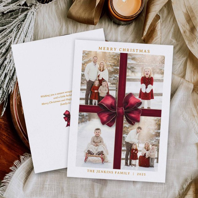 Tarjeta de Navidad de cuatro fotos con cinta roja (Elegant Red bow 4 photo Christmas Greeting Card)