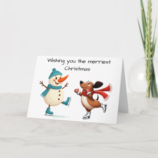Tarjeta de Navidad de Dachshund Patinando (Anverso)