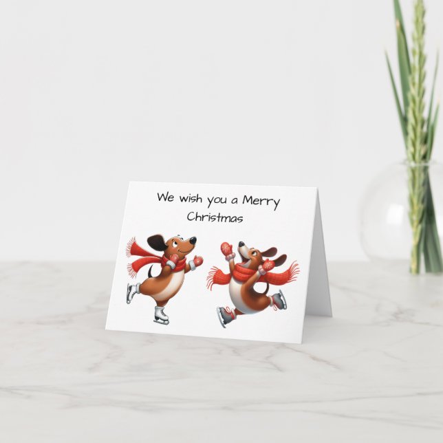 Tarjeta de Navidad de Dachshunds Patinando sobre H (Anverso)