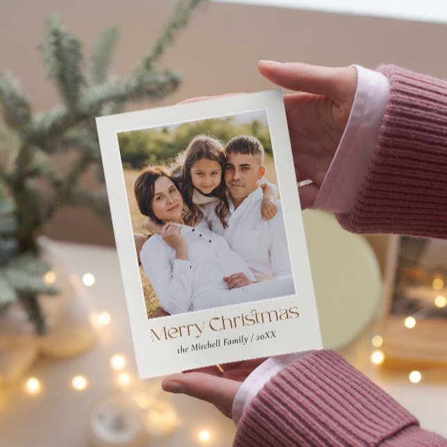 Tarjeta de Navidad de dos fotos simple y limpia (Elegant Minimal Christmas card with Portrait photo on the front and landscape photo and message)