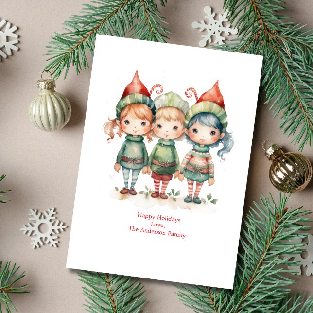 Tarjeta de Navidad de Elfos Personalizados (Three Whimsical Watercolor Elves Christmas Holiday Card. Printed or Digital Instant download)