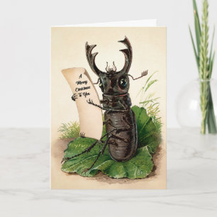 Tarjeta de Navidad de Escarabajo Ciervo Vintage