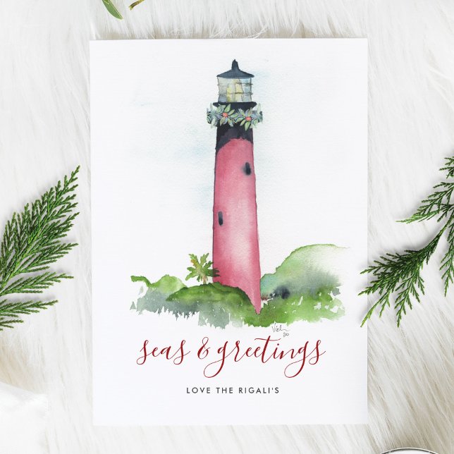 Tarjeta de Navidad de Faro en la Playa con Acuarel (Christmas Card Beach Watercolor Lighthouse )