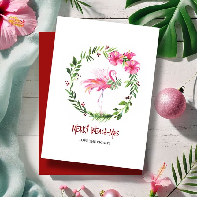 Tarjeta de Navidad de Flamenco Rosa Tropical (Beach Christmas cards watercolor pink flamingo and hibiscus flowers wreath by Victoria Grigaliunas)