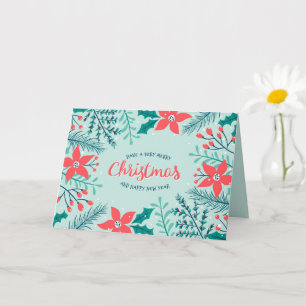 Tarjeta de Navidad de Flor de Pascua, Acebo y Baya