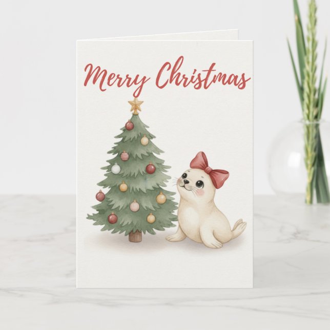 Tarjeta de Navidad de Foca Acogedora Ilustración N (Anverso)