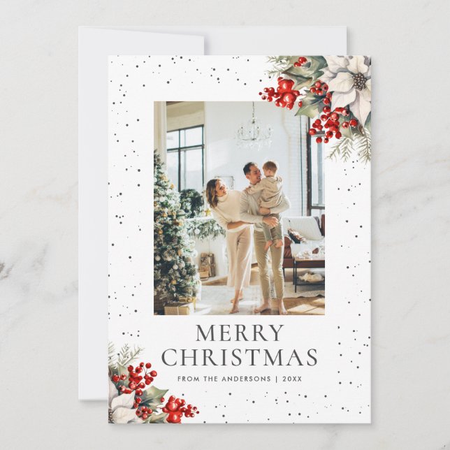 Tarjeta de Navidad de foto botánica con nieve blan (Anverso)