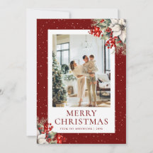 Tarjeta de Navidad de foto botánica con nieve roja