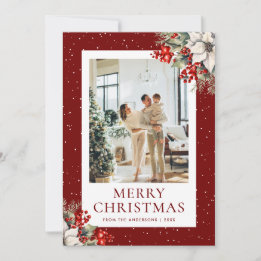 Tarjeta de Navidad de foto botánica con nieve roja