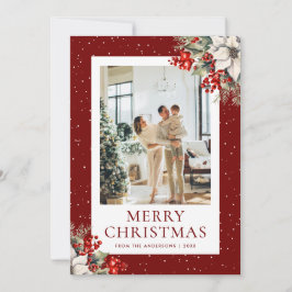 Tarjeta de Navidad de foto botánica con nieve roja