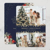 Tarjeta de Navidad de foto botánica elegante azul 