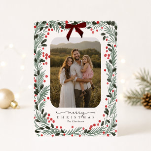 Tarjeta de Navidad de Foto con Verde Acuarela y La