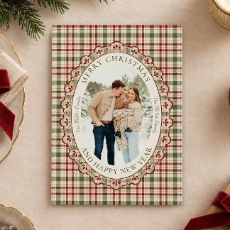 Tarjeta de Navidad de foto familiar a cuadros vint