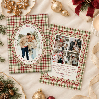 Tarjeta de Navidad de foto familiar a cuadros vint
