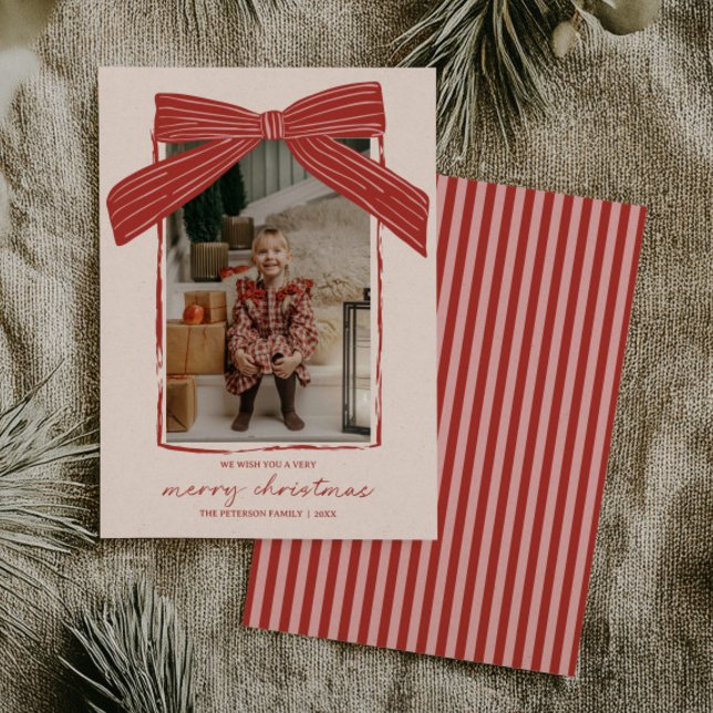 Tarjeta de Navidad de foto familiar con lazo de ra (Subido por el creador)
