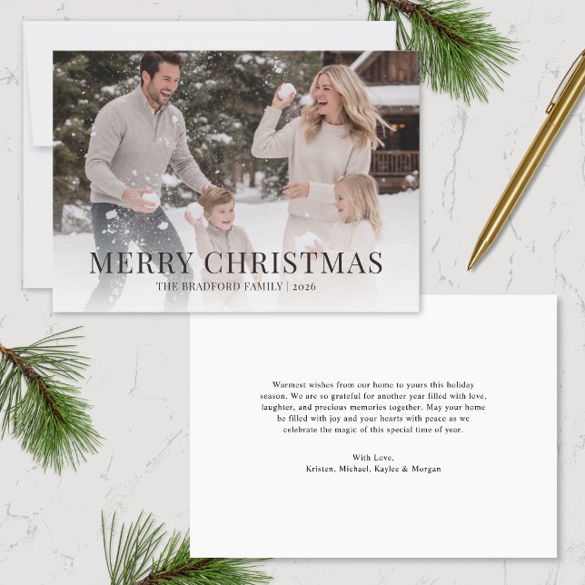 Tarjeta de Navidad de foto familiar minimalista (image of single one photo minimalist simple christmas card with message on back on marble surface)