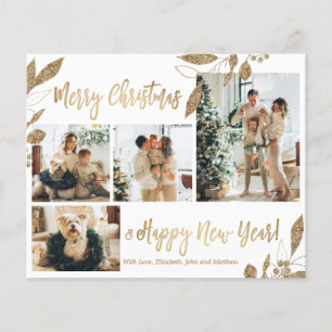 Tarjeta de Navidad de fotos de follaje dorado eleg