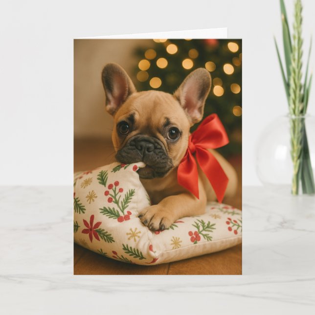 Tarjeta de Navidad de Frenchie – Cachorro en Almoh (Anverso)