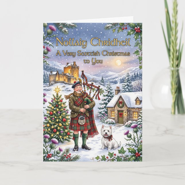 Tarjeta de Navidad de gaitero de las Highlands (Anverso)