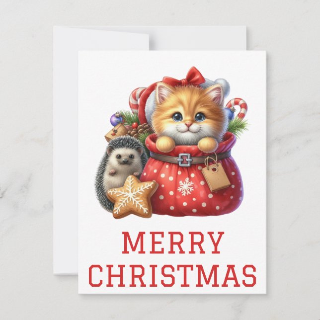 Tarjeta de Navidad de Gatito y Erizo Adorable (Anverso)