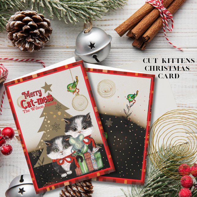 Tarjeta de Navidad de Gatitos Alegres | Cuadro Roj (Kittens Merry Cat-mess Card  Red Plaid Christmas)