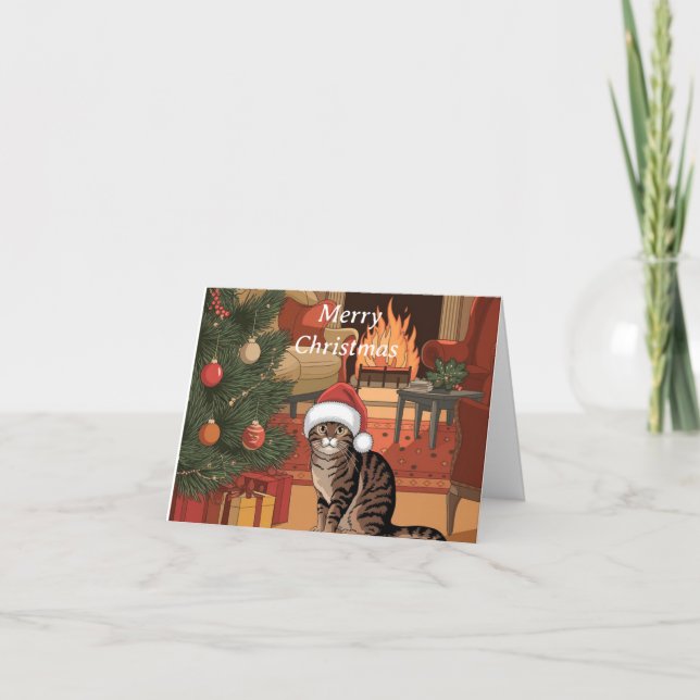 tarjeta de Navidad de gato atigrado vintage lindo (Anverso)