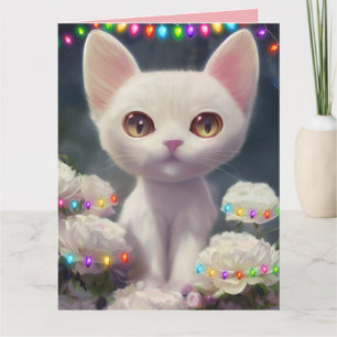 TARJETA DE NAVIDAD DE GATO BLANCO Y DULCE FANTASÍA
