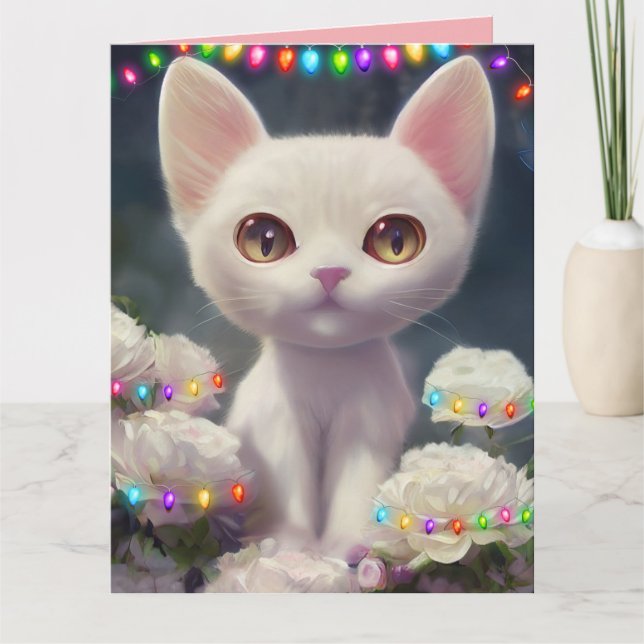 TARJETA DE NAVIDAD DE GATO BLANCO Y DULCE FANTASÍA (Anverso)