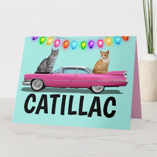TARJETA DE NAVIDAD DE GATO CADDY ROSA DE 1RA CLASE (Anverso)