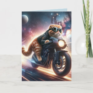 Tarjeta de Navidad de gato en motocicleta
