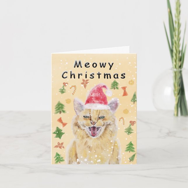 Tarjeta de Navidad de gato enojado pero lindo Meow (Anverso)