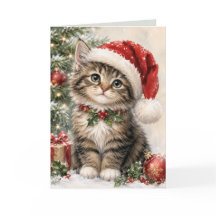 Tarjeta de Navidad de Gato Festivo con Gorro de Sa