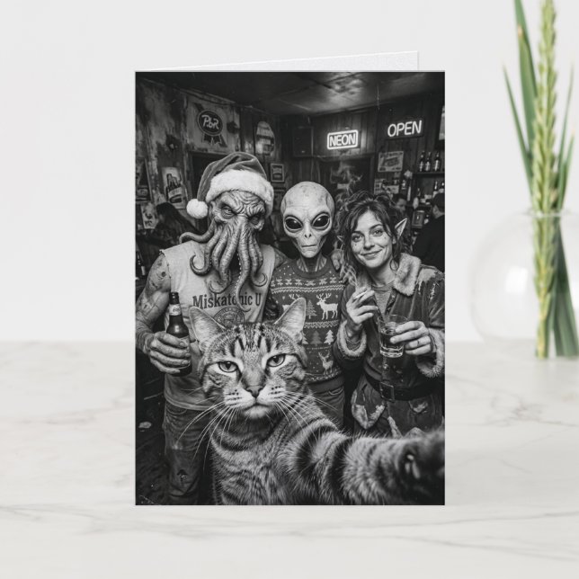 Tarjeta de Navidad de Gato Selfie Bigfoot Alien (Anverso)