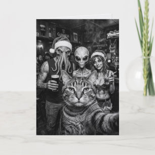 Tarjeta de Navidad de Gato Selfie Pie Grande Alien