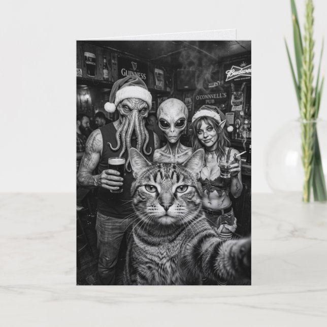 Tarjeta de Navidad de Gato Selfie Pie Grande Alien (Anverso)