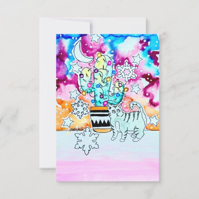 Tarjeta de Navidad de Gato y Cactus (Anverso)