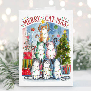 Tarjeta de Navidad de gatos adorables acuarela Mer