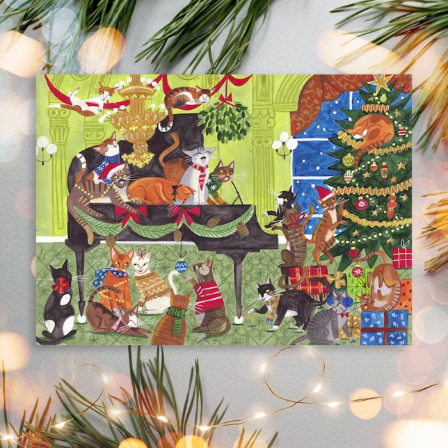 Tarjeta de Navidad de Gatos de Navidad tocando el  (Christmas Cats playing Piano Holiday Card)