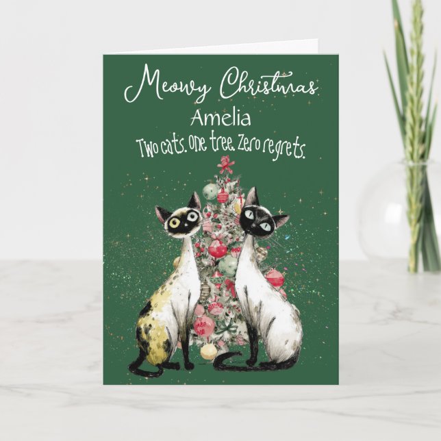 Tarjeta de Navidad de Gatos Siameses Frente a un Á (Anverso)
