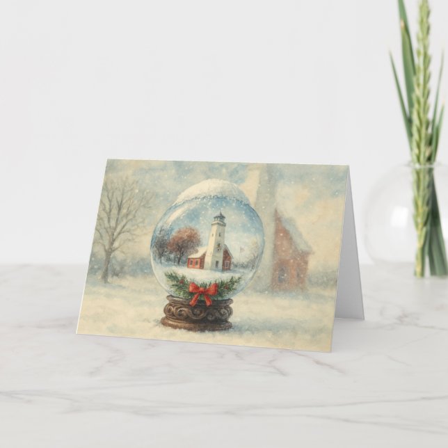 Tarjeta de Navidad de Globo de Nieve de Faro (Anverso)