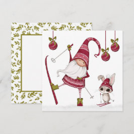 Tarjeta de Navidad de gnomo y conejo de esquí de N