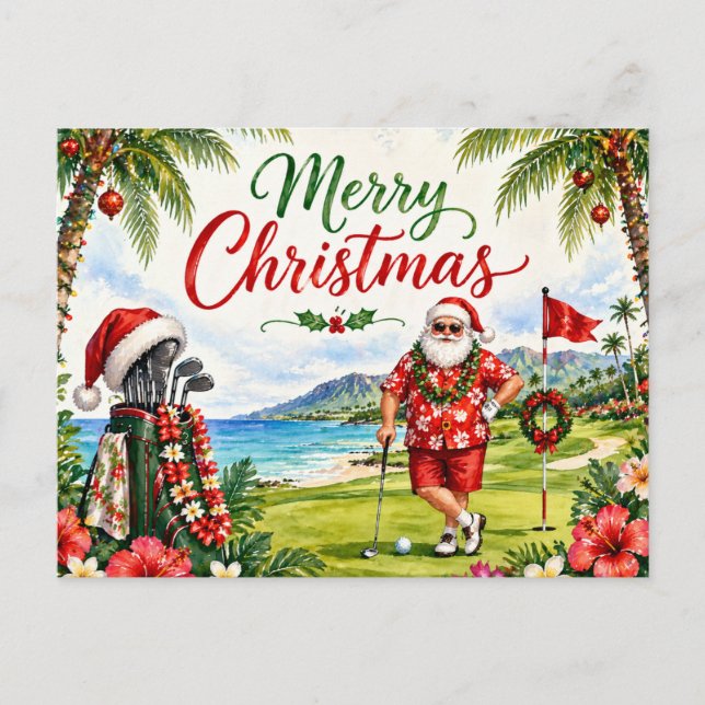 Tarjeta de Navidad de golf con Papá Noel de Hawái (Anverso)