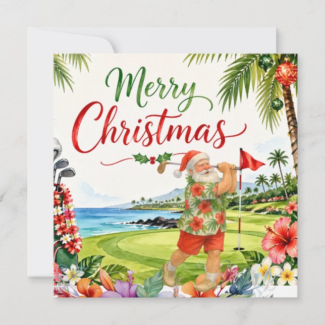 Tarjeta de Navidad de golf con Papá Noel de Hawái (Anverso)