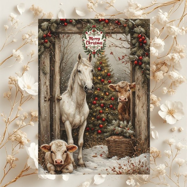 Tarjeta de Navidad de granja rústica con vaca y ca (Rustic Farmhouse Cow Horse Country Christmas Card)